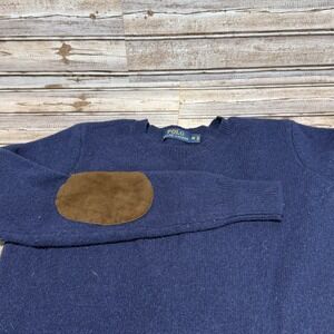 Polo Ralph Lauren Navy Merino Cashmere Suede Elbow Patch Sweater Womens Medium